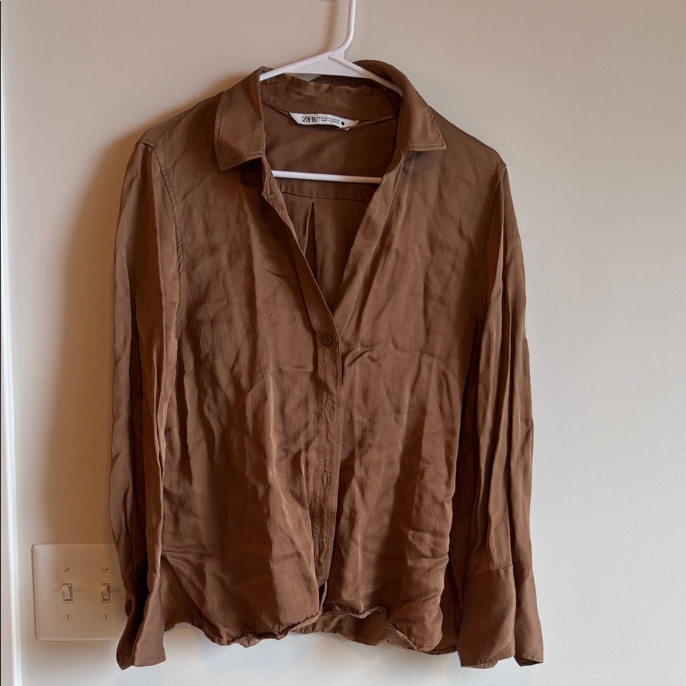 ZARA Chestnut Brown Satin Long-Sleeve V-Neck Blouse